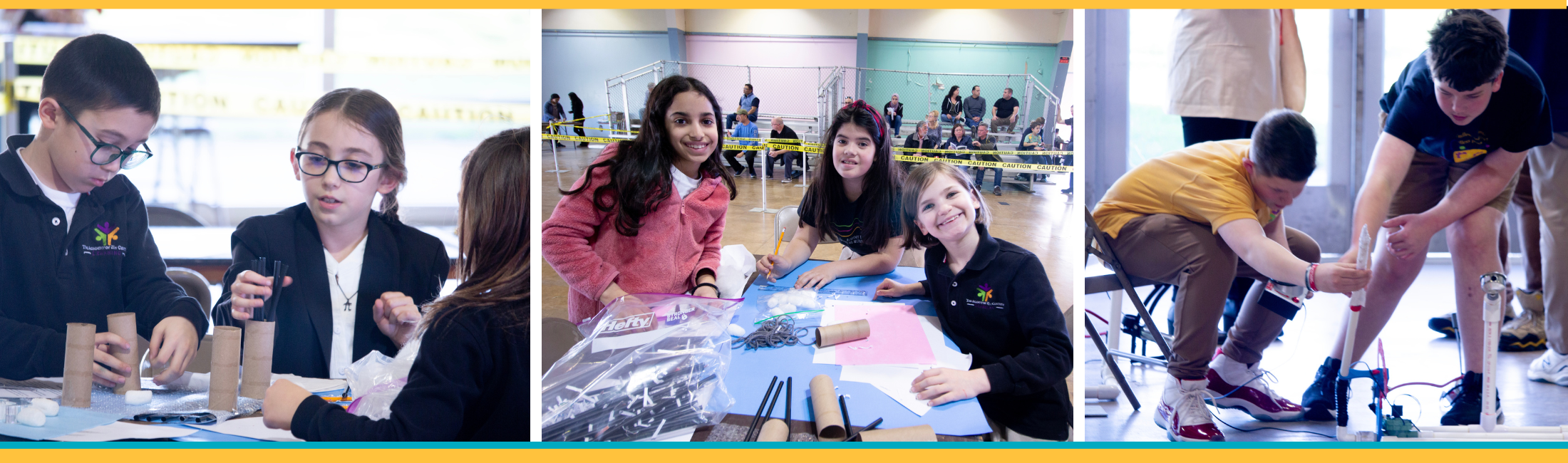 Three photos of students engaged in engineering challenges.