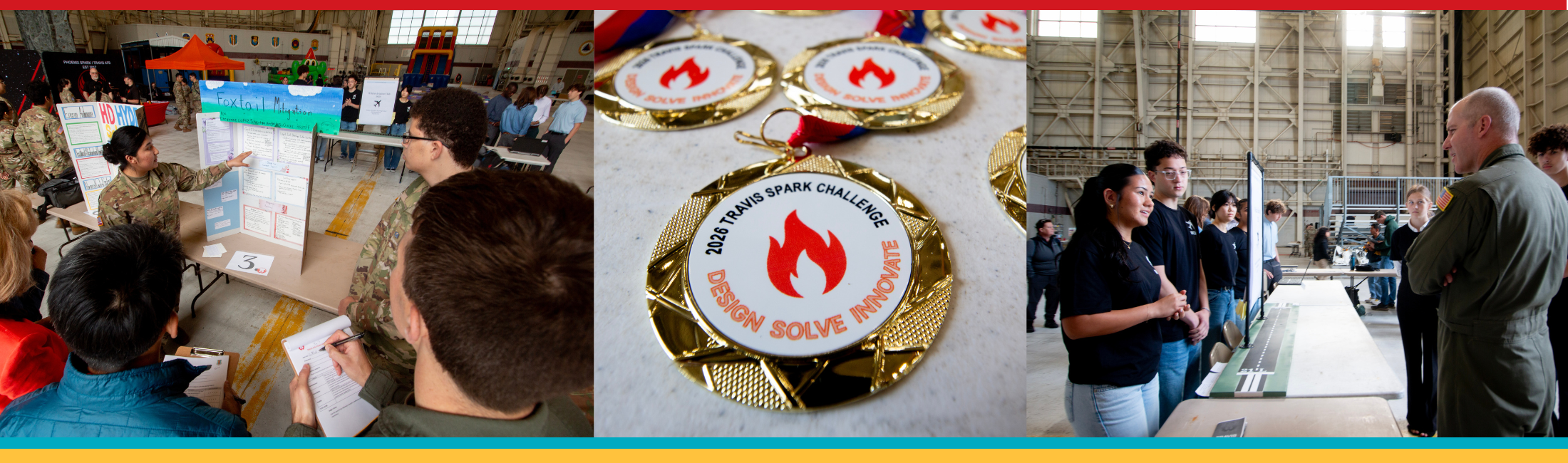 Three photos depicting the Travis Spark Challenge. Students reviewing a demonstration, the Design Solve Innovate award, and students discussing the challenge with members of the military.