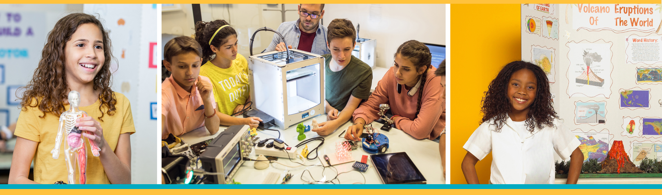 Three photos of students displaying projects at the science fair.
