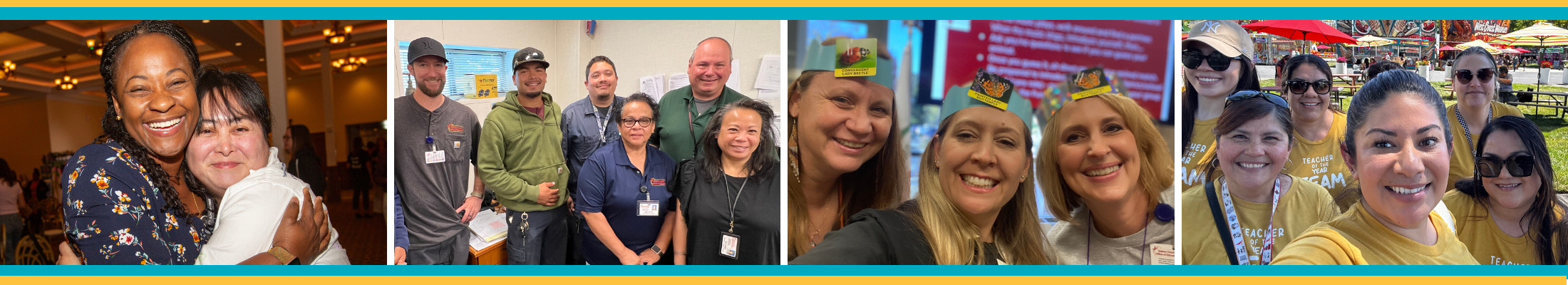 Collage of staff smiling in group pictures