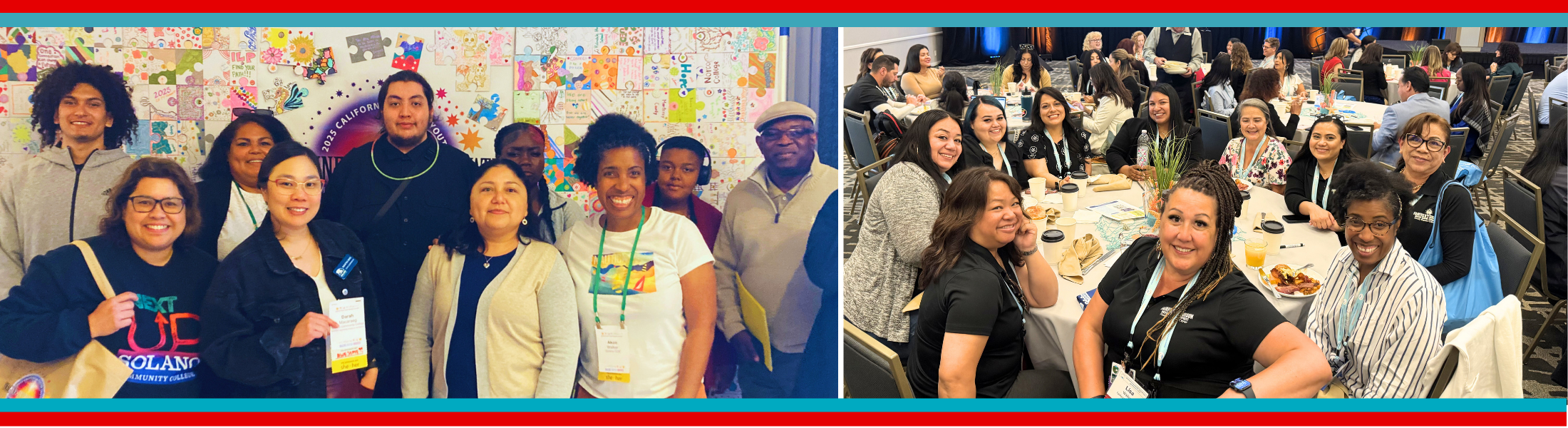 a group of foster and homeless professionals sitting around a table and a group of professional in front of a mural smiling