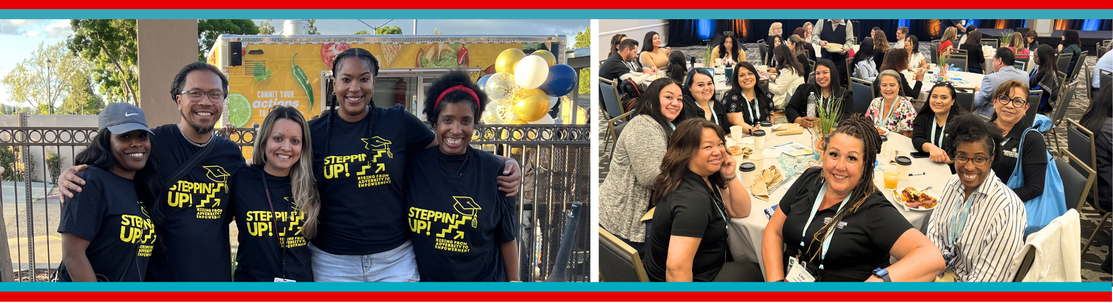 a group of foster and homeless professionals sitting around a table and a group of SCOE professionals smiling at the camera
