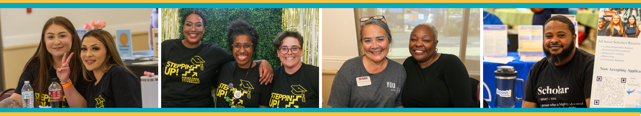 Collage of smiling staff and community members at outreach events, including tabling, group photos, and program promotion displays.