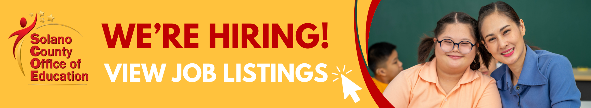 We're hiring view job listings, click here icon, image of teacher and student smiling